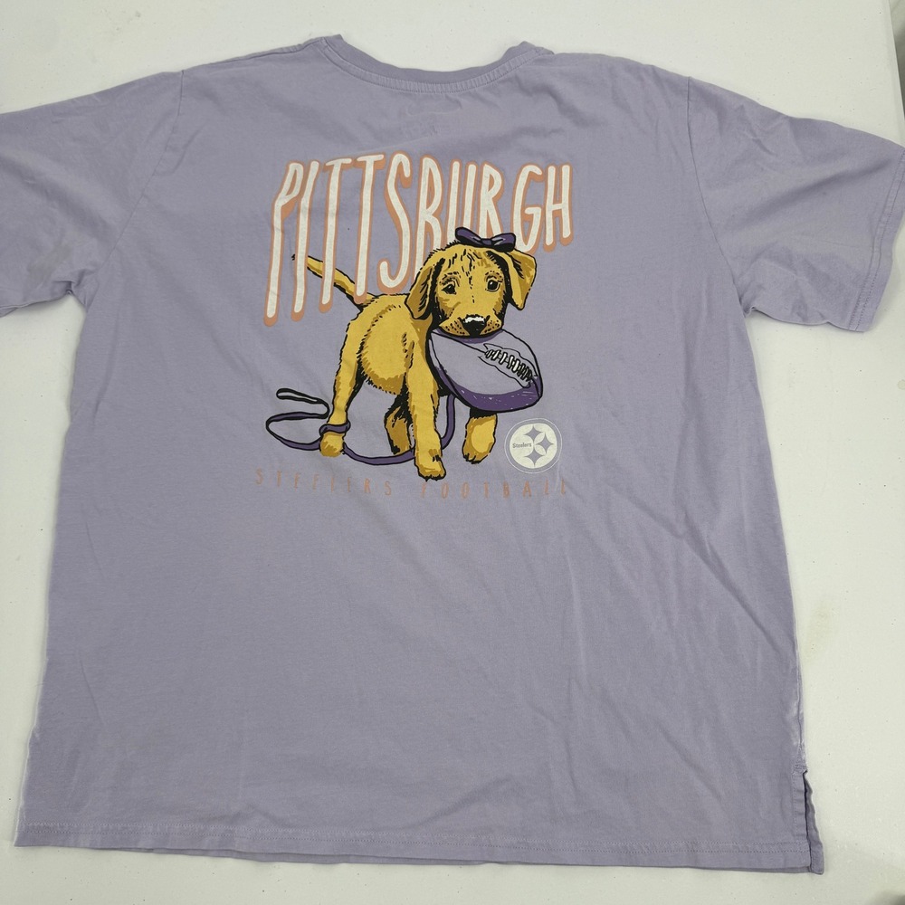 NFL Team Apparel T-Shirt Womens XL Light Purple Steelers Puppy Graphic Pocket